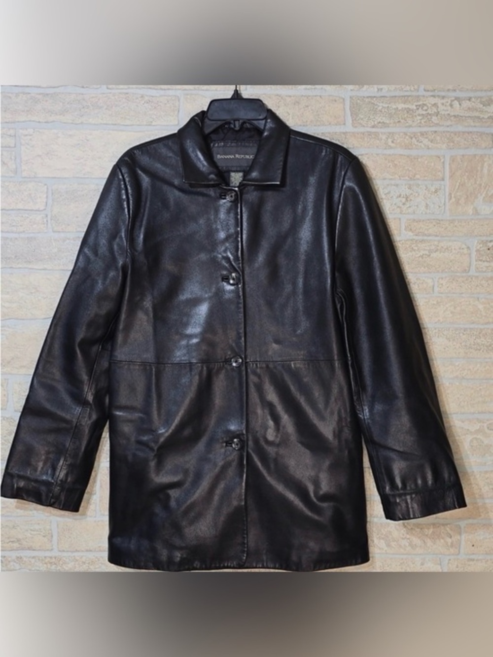Banana Republic Women’s Black Leather Four Button Coat Blazer Size Large